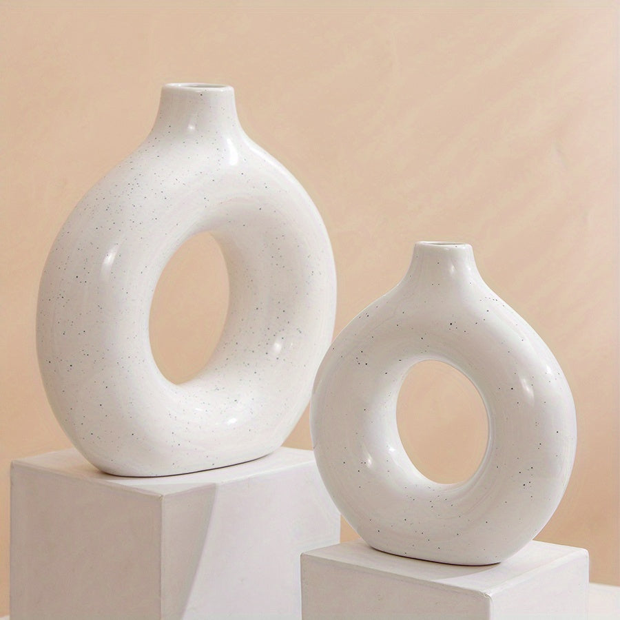 1pc Contemporary Ceramic Vase, Round Circle Design, Creative Ceramic Craft, Living Room Decor, Cross-Border Bestseller, 5.12*5.51inch Decorative Flower Vase