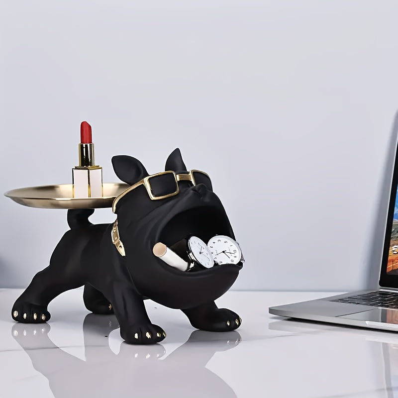 1 Chic Bulldog Storage Decor - Resin Art Statue with Glasses & Golden Tray, Ideal for Home & Office, Fits Living Room, Bedroom, Entryway - Perfect for Christmas, New Year, Mother'S Day, Halloween, Easter, Dog Deco