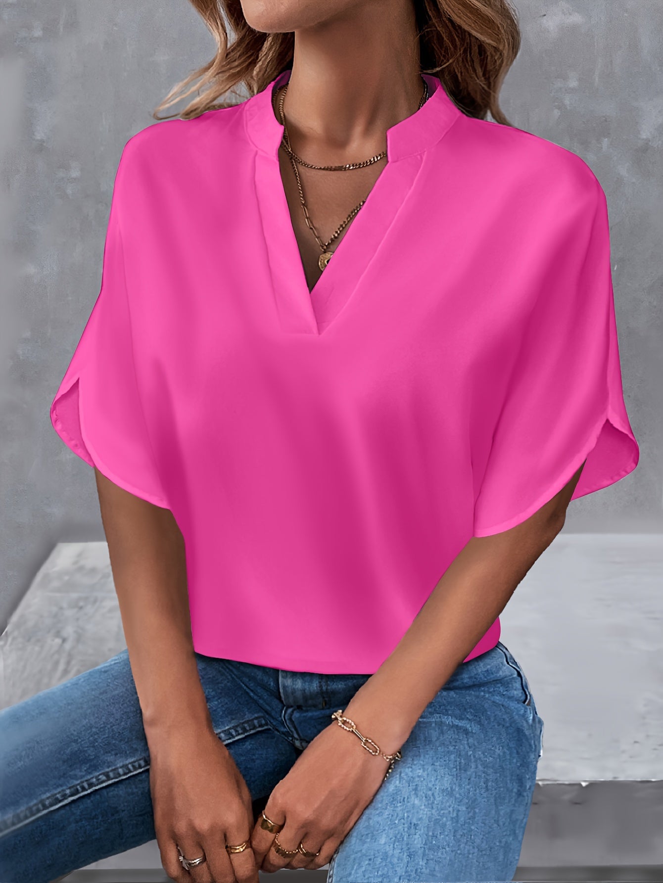 Solid Color Notch Neck Blouse, Casual Short Split Sleeve Blouse For Spring & Summer, Women's Clothing