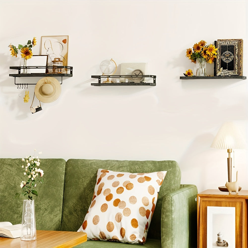 Superlele 6pcs Floating Shelves, Christmas And Home Storage, Wall Mounted Floating Shelves With Metal Frame, Rustic Shelves Over Toilet With Towel Bar For Kitchen, Bedroom, Black