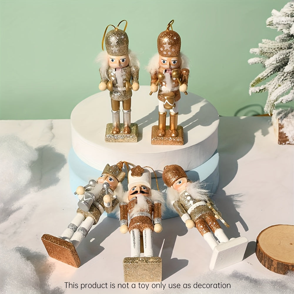 5 pièces/ensemble Casse-noisette en bois fait à la main Marionnette Soldat Pendentif Poudre scintillante Décoration d’ornement