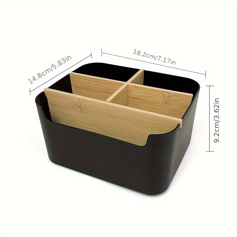 1pc 5 Compartments Bamboo Desk Organizer, Office Organizer with Pen Holder, Bathroom Make Up Storage Box, Living Room Sundries Holder, Bedroom Earing Hair Ring Jewelry Storage Box, Desk & Drawer Organizer for Home Storage