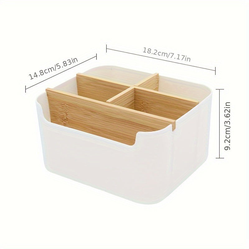 1pc 5 Compartments Bamboo Desk Organizer, Office Organizer with Pen Holder, Bathroom Make Up Storage Box, Living Room Sundries Holder, Bedroom Earing Hair Ring Jewelry Storage Box, Desk & Drawer Organizer for Home Storage