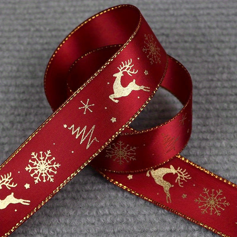 1pc 5 Yards 25mm Bronzing Christmas Ribbon Printed Polyester Ribbon For Christmas Decoration Gift Wrapping DIY Sewing Fabric