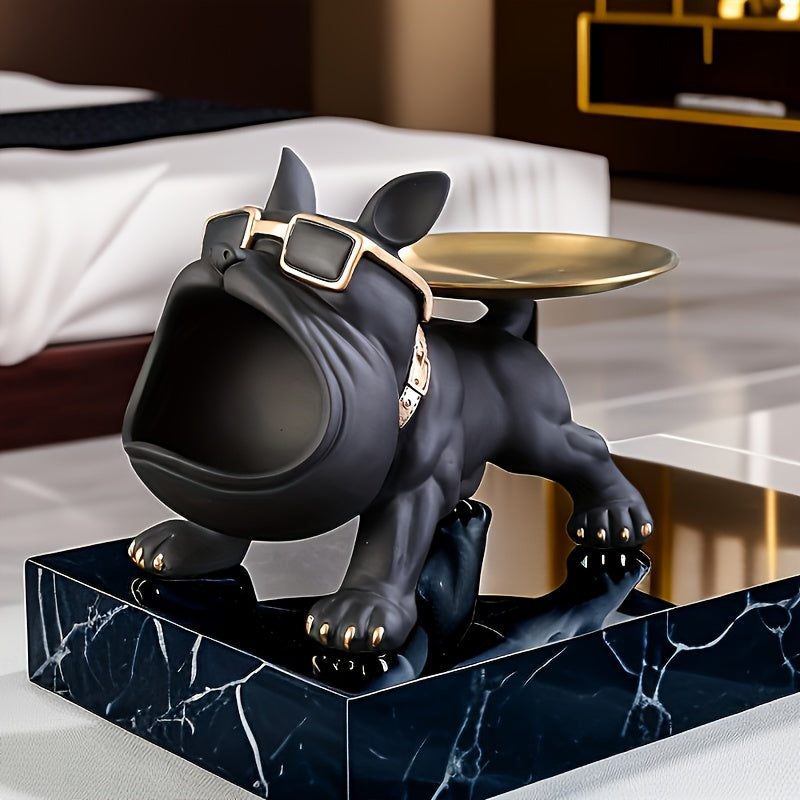 1 Chic Bulldog Storage Decor - Resin Art Statue with Glasses & Golden Tray, Ideal for Home & Office, Fits Living Room, Bedroom, Entryway - Perfect for Christmas, New Year, Mother'S Day, Halloween, Easter, Dog Deco