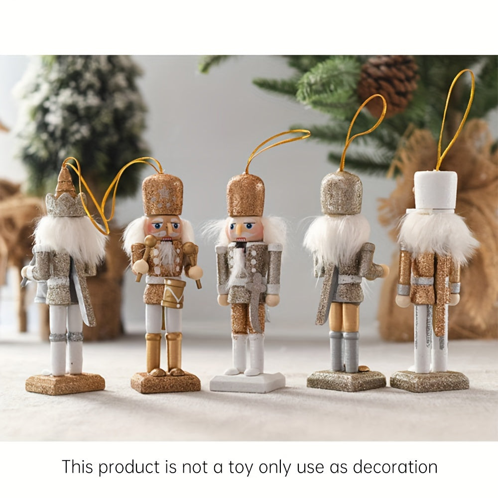5 pièces/ensemble Casse-noisette en bois fait à la main Marionnette Soldat Pendentif Poudre scintillante Décoration d’ornement