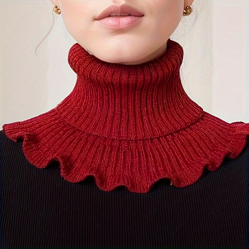 Soft Ruffle Infinity Scarf - Warm Monochrome Knit Fake Collar Neck Gaiter for Autumn Winter - Coldproof Elastic Decoration Pullover Neck Cover with Simple Thick Design