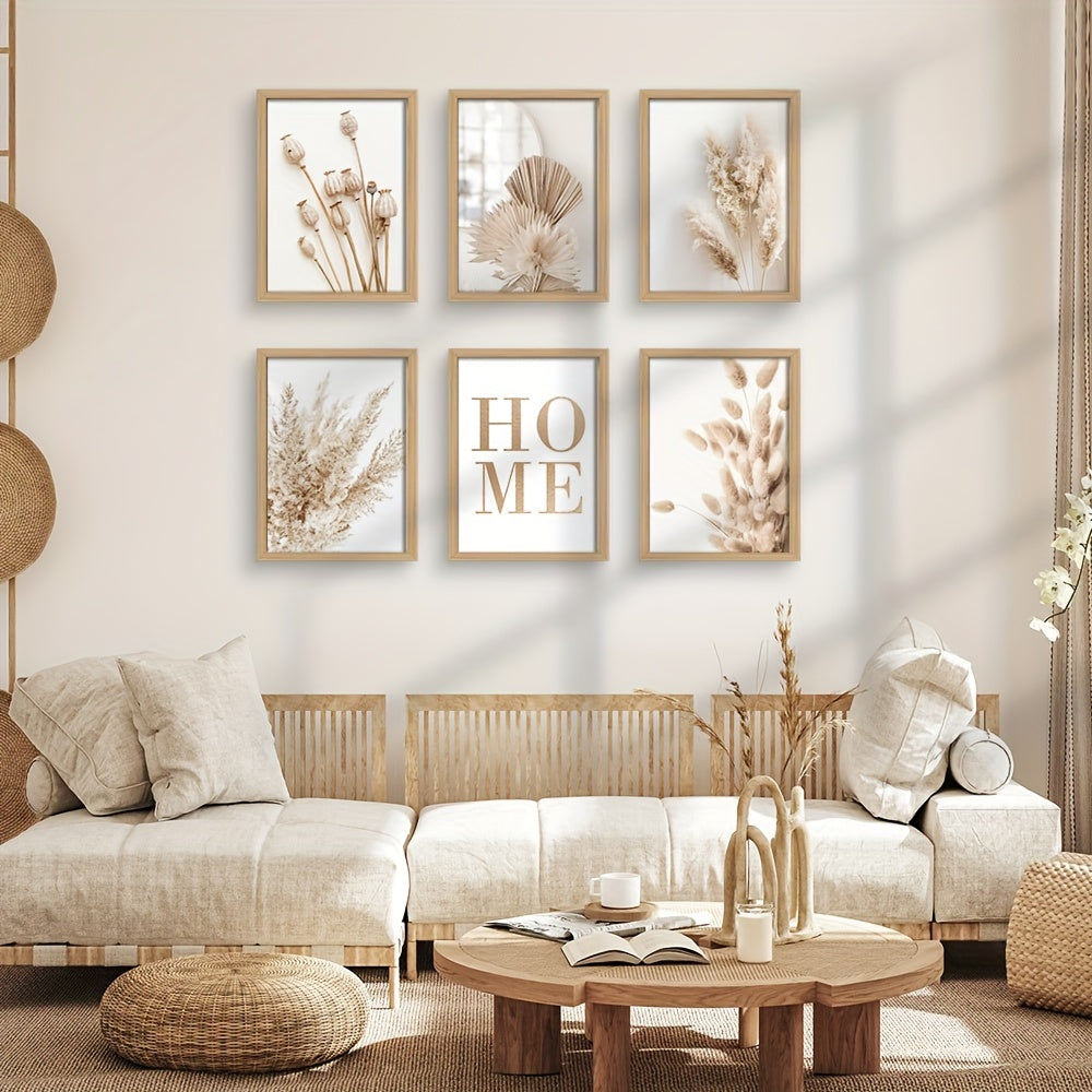 6pcs Unframed Beige Canvas Painting Set, Pampas Grass Painting Poster, Dried Grass Wall Art Painting, Reed Wall Paintings, Leaf Wall Art, Fan Blades Print Pictures, Herbarium Art Prints, Nordic Wall Posters, Home Decoration