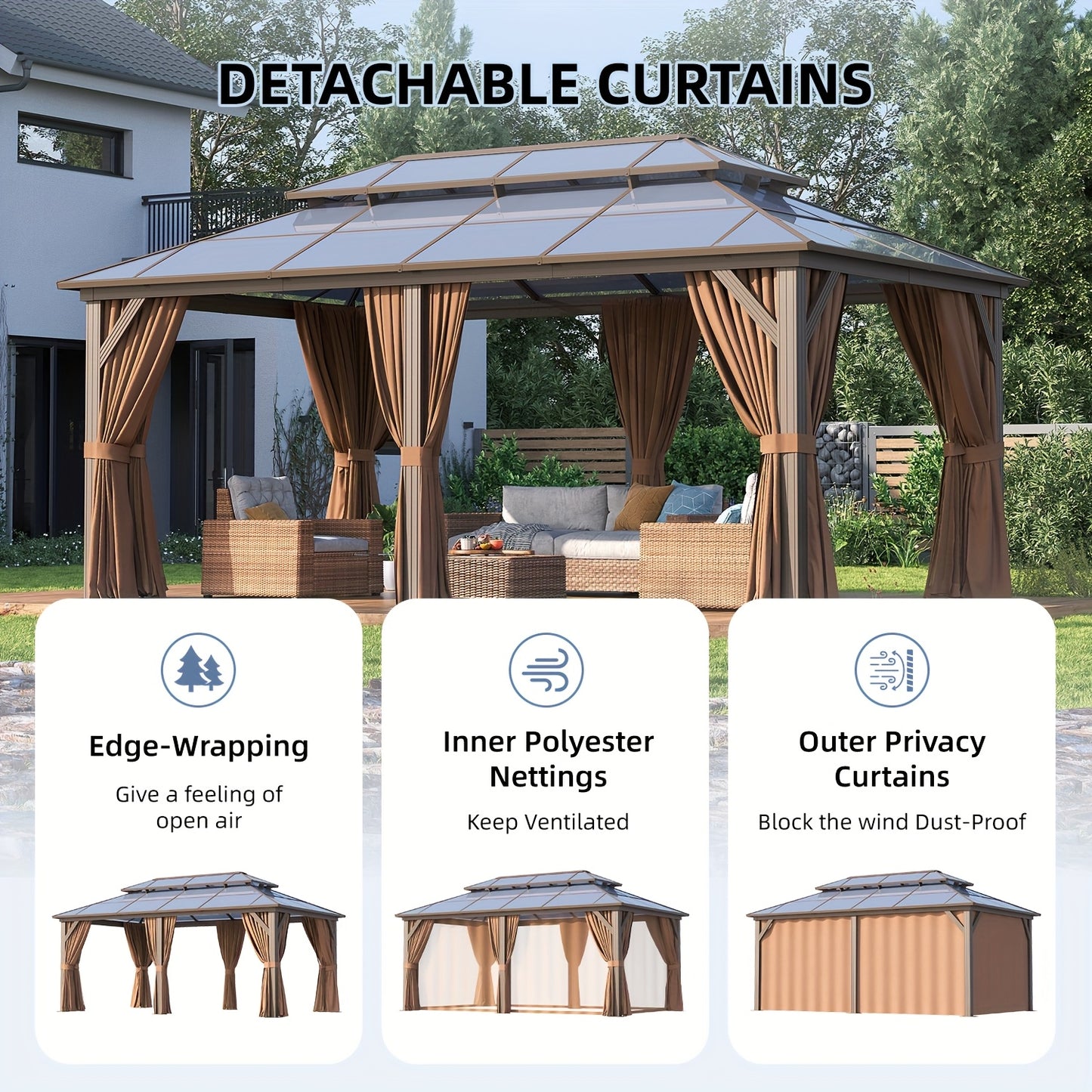 12'x20' Hard Top Gazebo with Curtains & Netting - Durable Aluminum Frame, Dual-Layer Polycarbonate Canopy, Ideal for Patio, Lawn & Garden Decor, Garden Gazebo|Elegant Home Decor|Durable Construction, Gazebo Deco