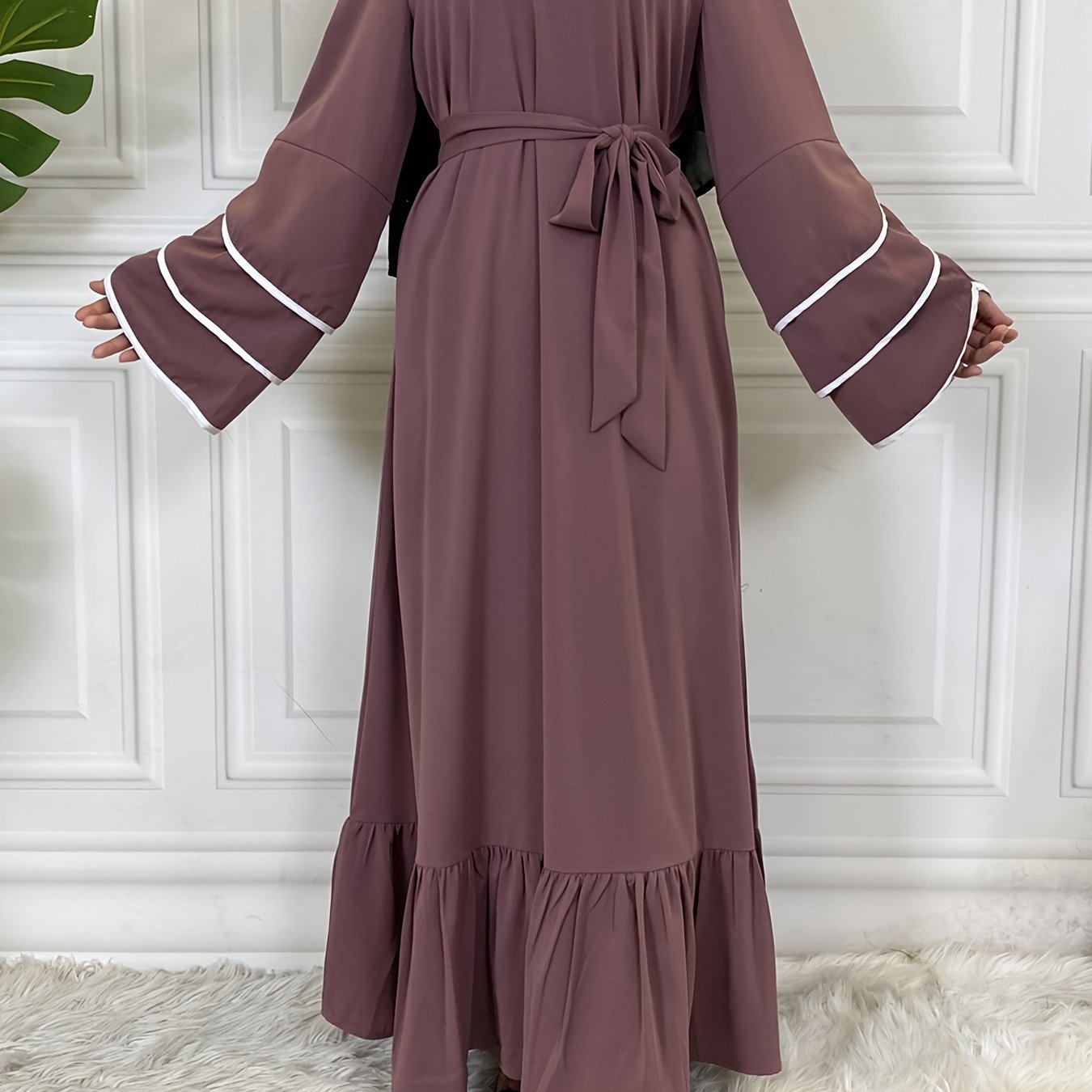 Solid Petal Sleeve Crew Neck Loose Modest Dress, Elegant Tie Waist Ruffled Hem Dress, Women's Clothing