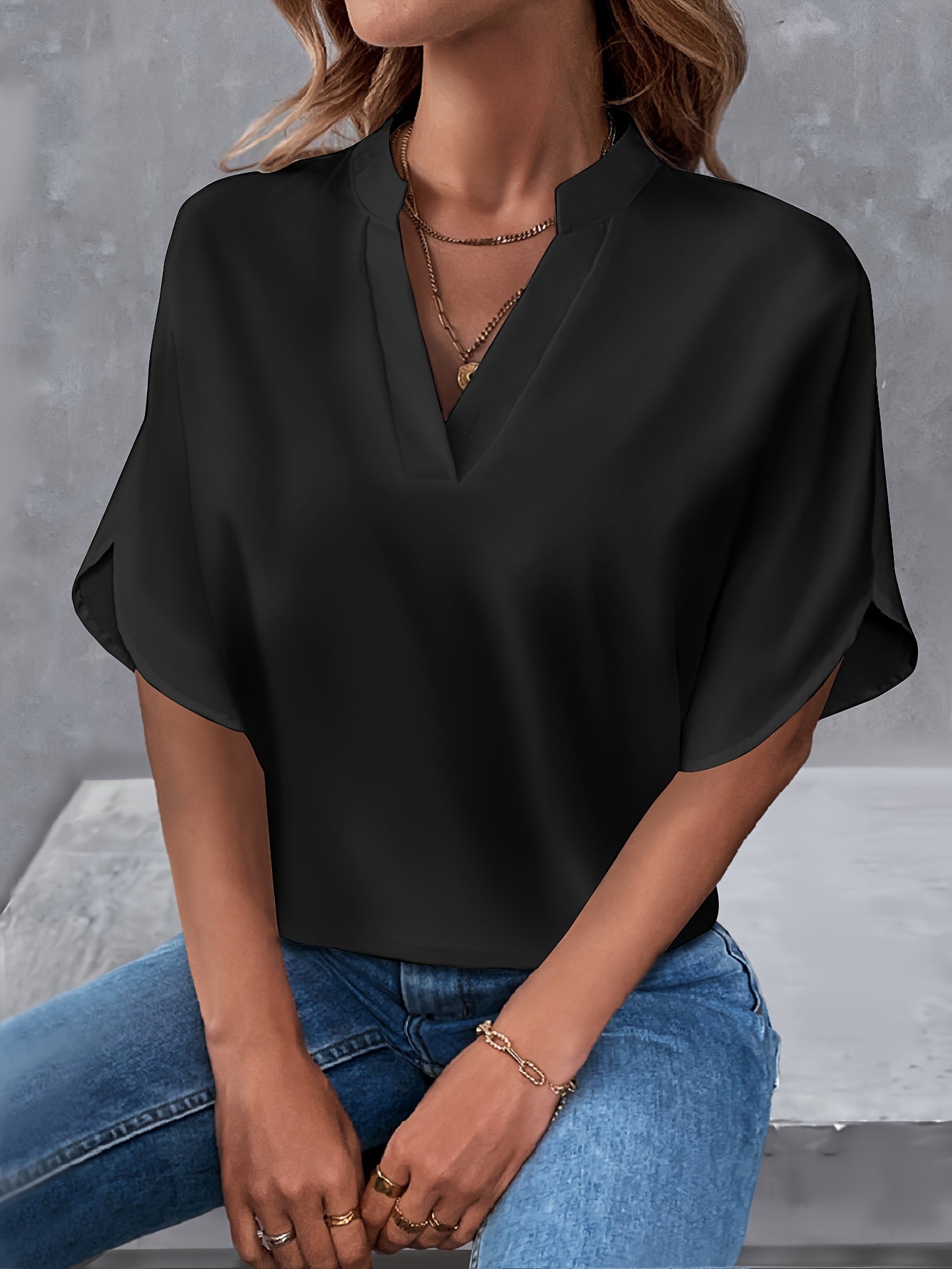 Solid Color Notch Neck Blouse, Casual Short Split Sleeve Blouse For Spring & Summer, Women's Clothing