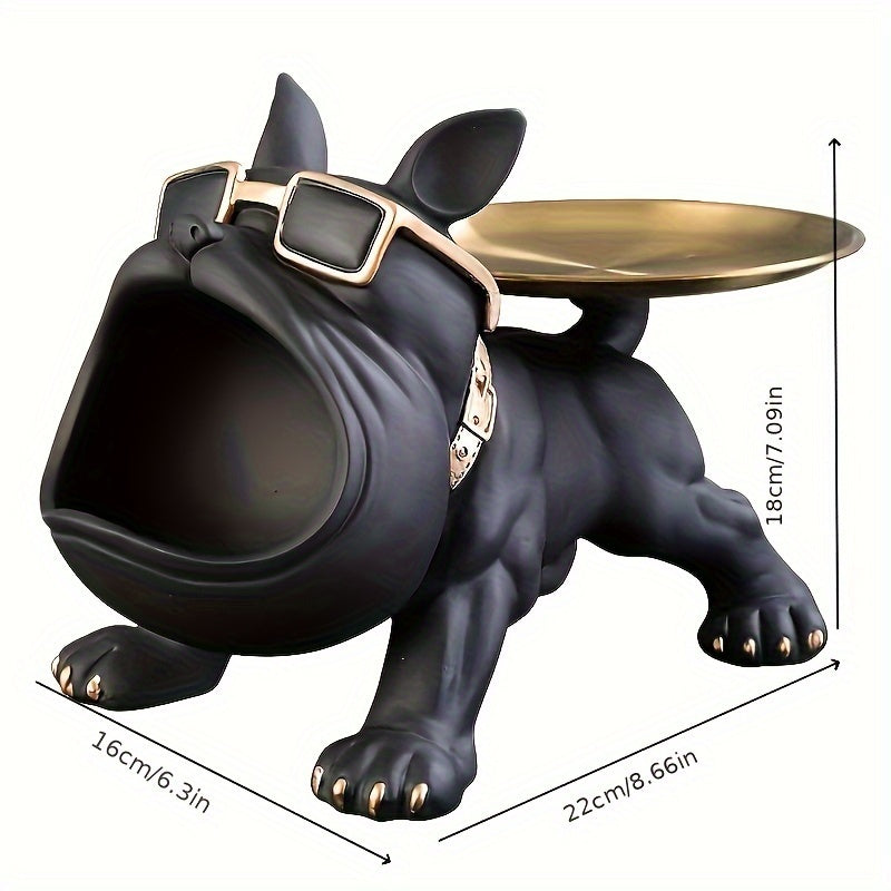 1 Chic Bulldog Storage Decor - Resin Art Statue with Glasses & Golden Tray, Ideal for Home & Office, Fits Living Room, Bedroom, Entryway - Perfect for Christmas, New Year, Mother'S Day, Halloween, Easter, Dog Deco