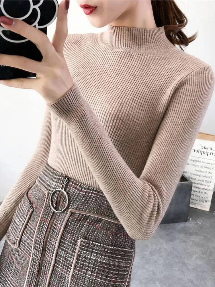 Automne Hiver Mock Neck Women Sweater Vintage Basic Slim Pullover Pulls coréens Pulls simples et chics