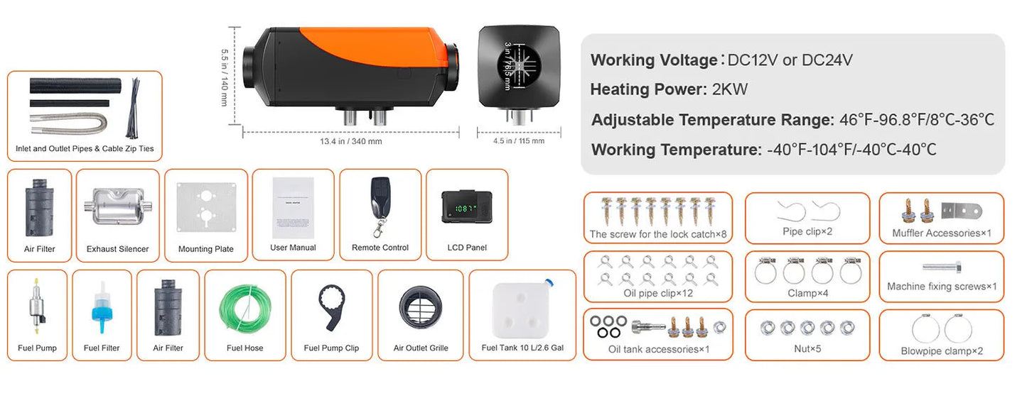 SucceBuy Car Heater 2/5/8KW Diesel Air Heater 12V With Silencer Remote Control Truck Boat Bus Trailer Air Diesel Parking Heater