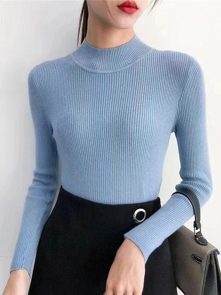 Automne Hiver Mock Neck Women Sweater Vintage Basic Slim Pullover Pulls coréens Pulls simples et chics