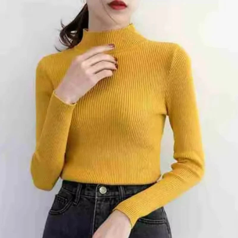 Automne Hiver Mock Neck Women Sweater Vintage Basic Slim Pullover Pulls coréens Pulls simples et chics