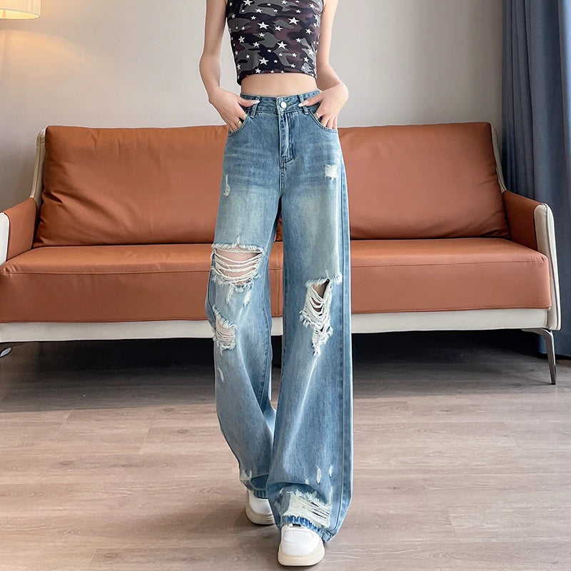 Jeans à trou déchiré pour femmes de style américain, taille haute, décontracté, ample, pantalon en jean à jambes larges, pantalon droit, vêtements de rue pour femmes