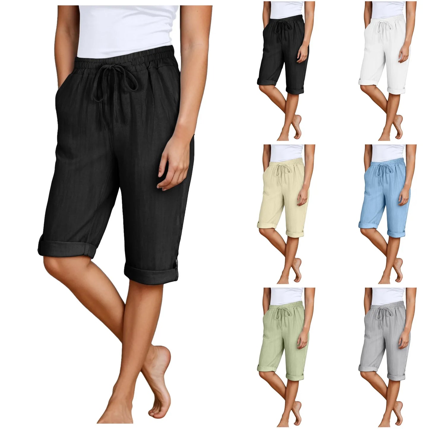 Short d'été décontracté pour femme, longueur genou, coupe droite, taille élastique, cordon de serrage, lacets, pantalon court, longueur genou