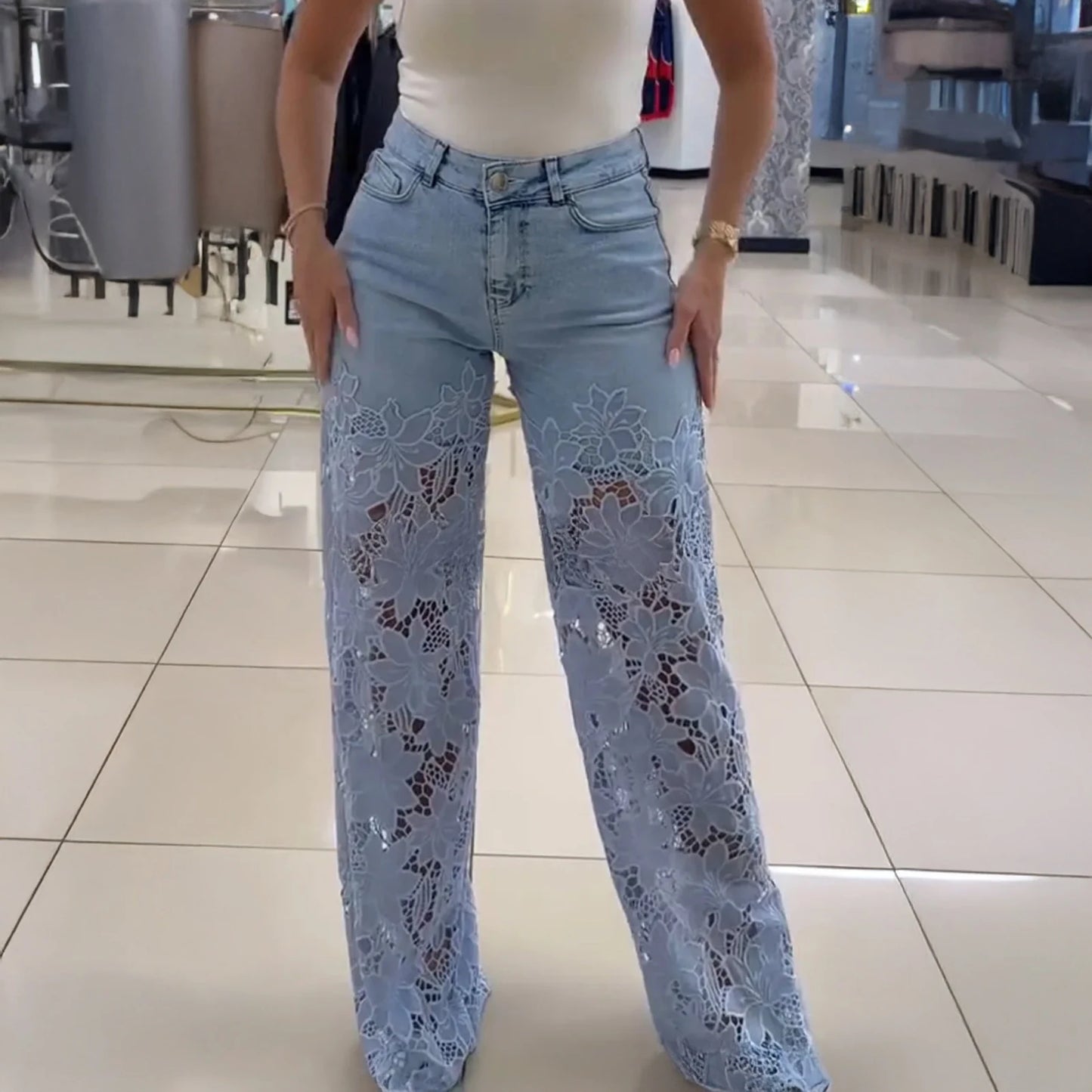 Pantalon en jean pour femmes avec Poches ample Bouton Pantalon à jambe droite Été Elagant Street Lady Outwear