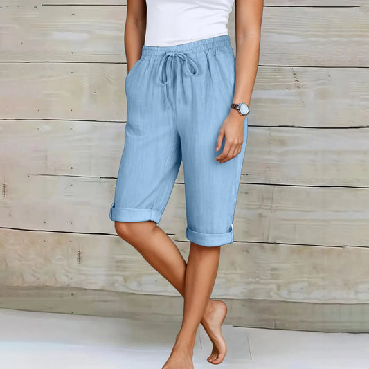 Short d'été décontracté pour femme, longueur genou, coupe droite, taille élastique, cordon de serrage, lacets, pantalon court, longueur genou