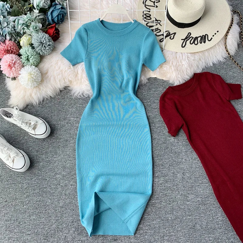 Robe moulante en tricot élastique de couleur ort Sve, taille haute, mi-longue, style coréen