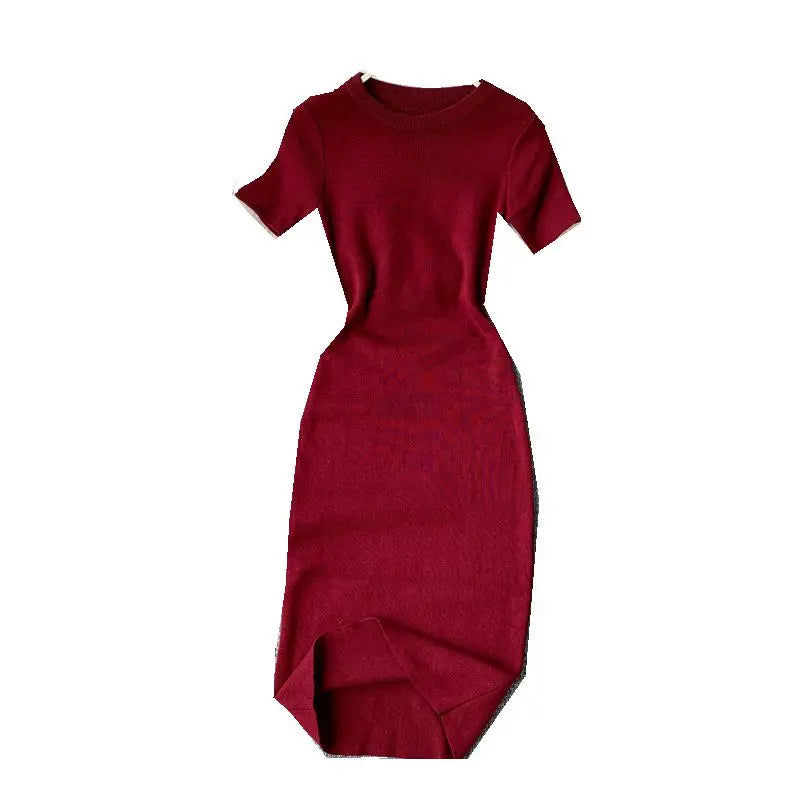 Robe moulante en tricot élastique de couleur ort Sve, taille haute, mi-longue, style coréen