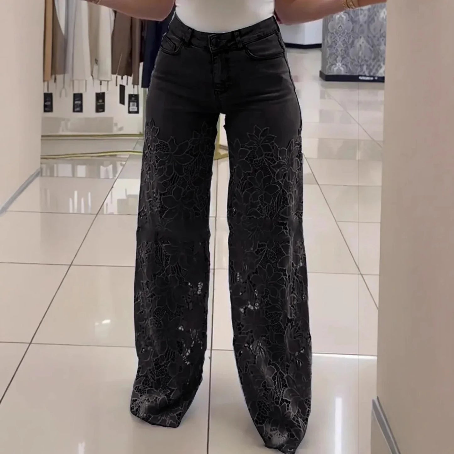 Pantalon en jean pour femmes avec Poches ample Bouton Pantalon à jambe droite Été Elagant Street Lady Outwear