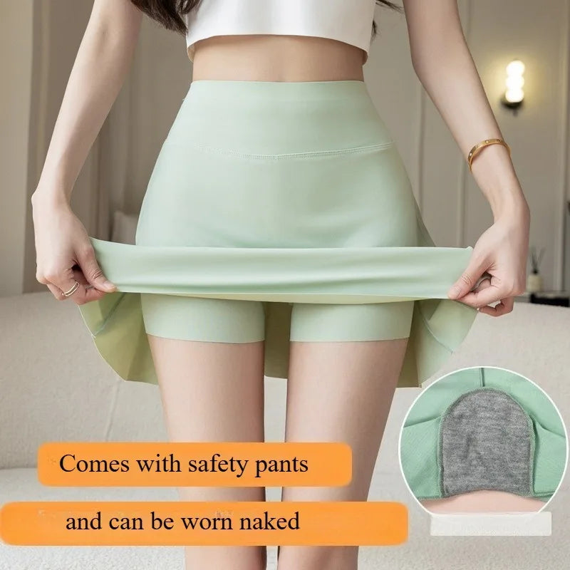 Jupe courte en soie glacée de style estival avec entrejambe pour femme, taille haute, pour le yoga et le sport, style fille épicée, douce et cool, jupe plissée