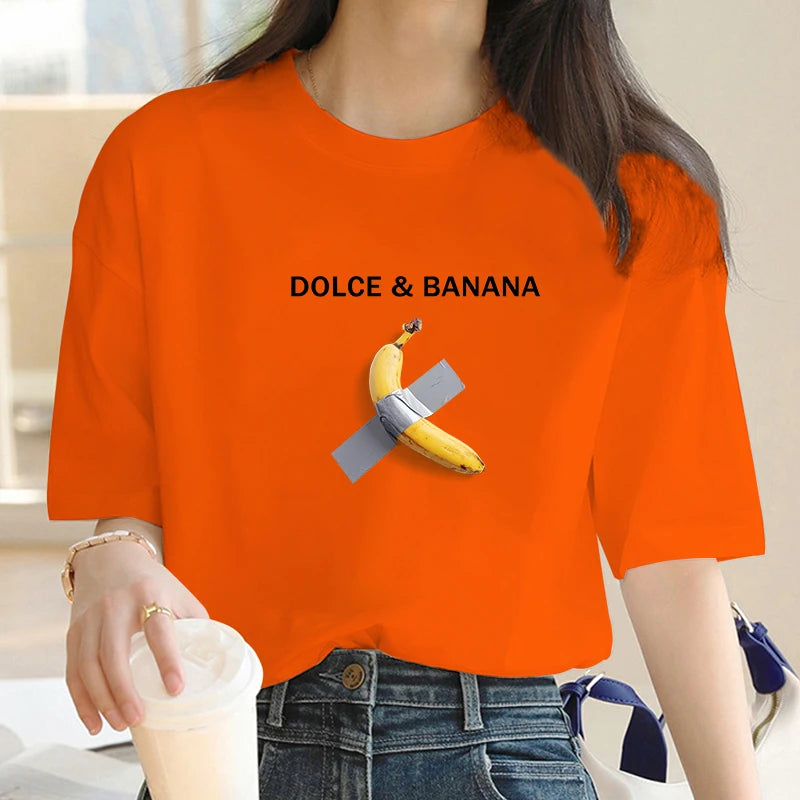 T-shirt Dolce Banana Print Y2K pour femme, surdimensionné, manches courtes, ample, 100 % coton doux, été