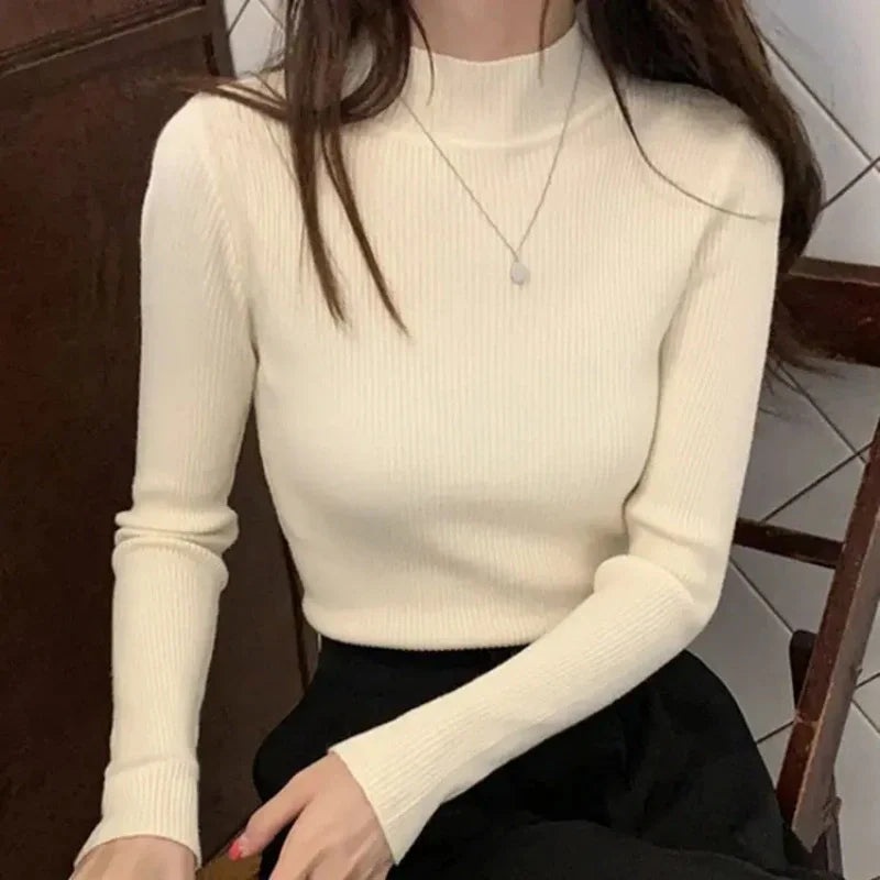 Automne Hiver Mock Neck Women Sweater Vintage Basic Slim Pullover Pulls coréens Pulls simples et chics