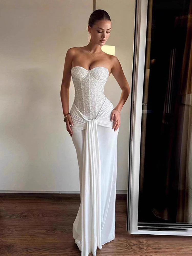 Strapless Sequined Patchwork Long Dress Women Sexy Sleeveless Backless Waist Cinching Hip Package Evening Dresses Chic Lady Robe
