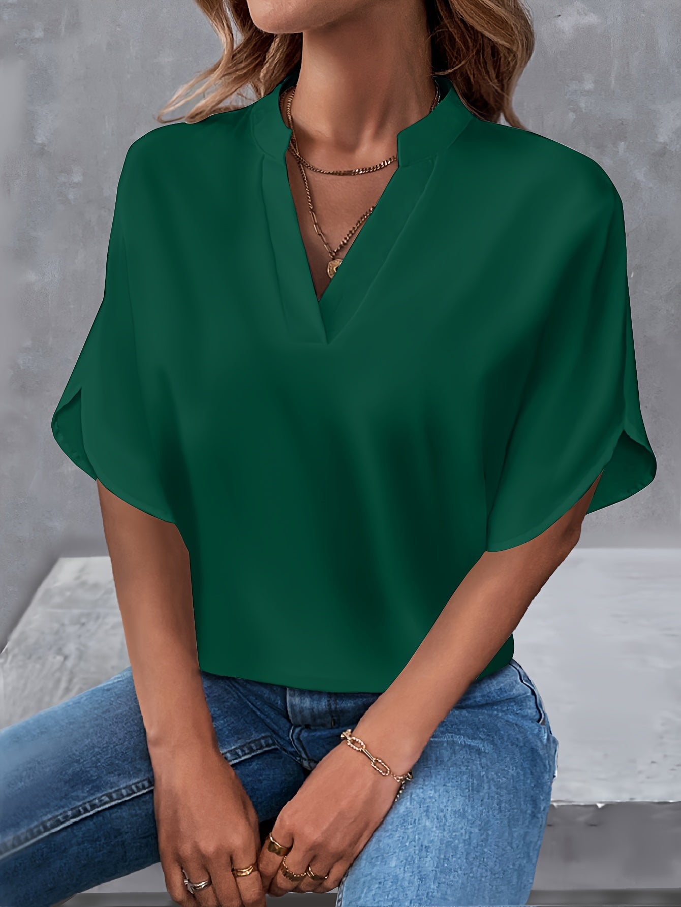 Solid Color Notch Neck Blouse, Casual Short Split Sleeve Blouse For Spring & Summer, Women's Clothing