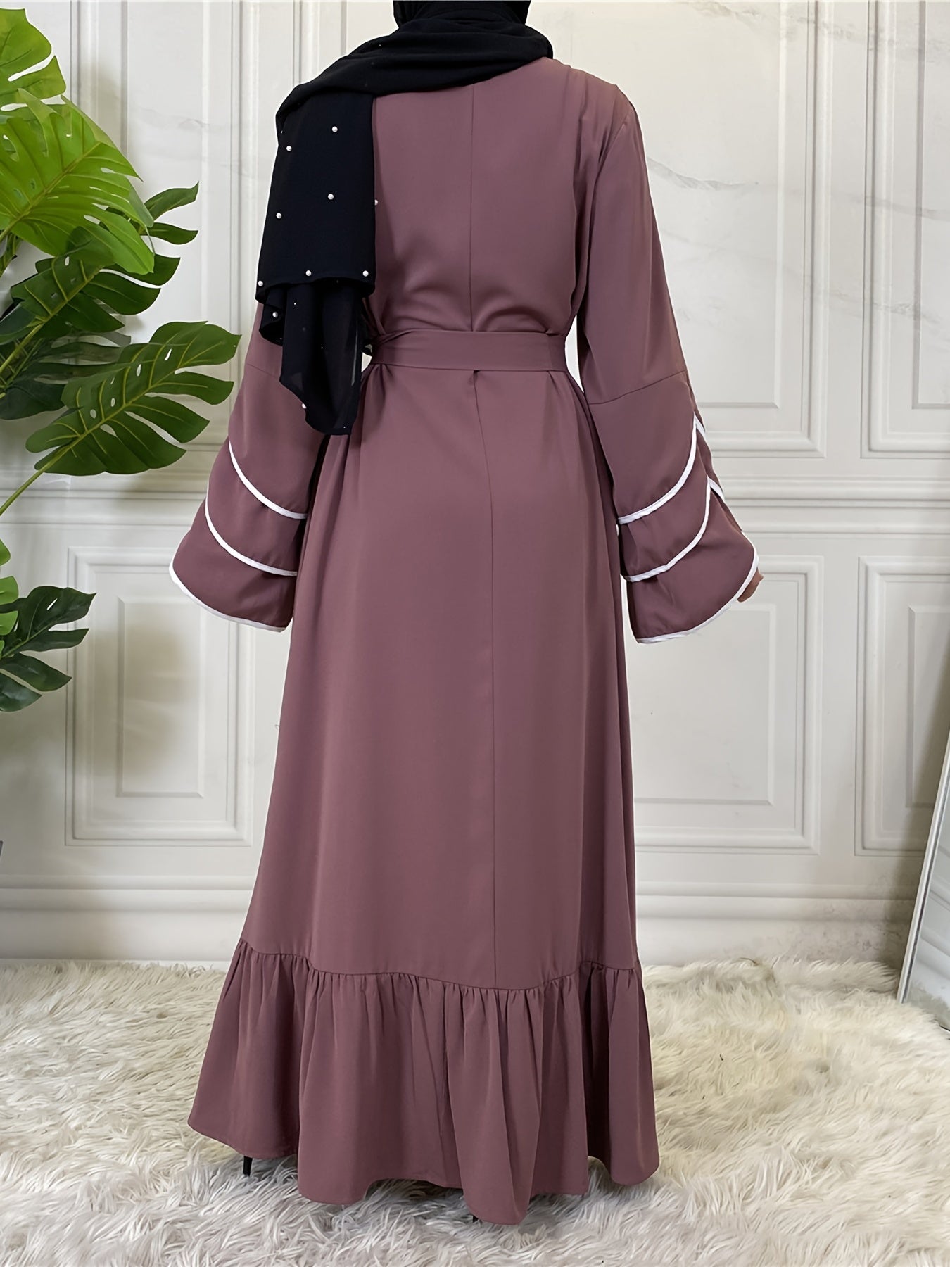 Solid Petal Sleeve Crew Neck Loose Modest Dress, Elegant Tie Waist Ruffled Hem Dress, Women's Clothing