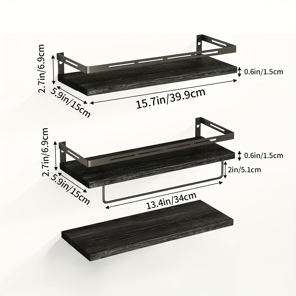 Superlele 6pcs Floating Shelves, Christmas And Home Storage, Wall Mounted Floating Shelves With Metal Frame, Rustic Shelves Over Toilet With Towel Bar For Kitchen, Bedroom, Black