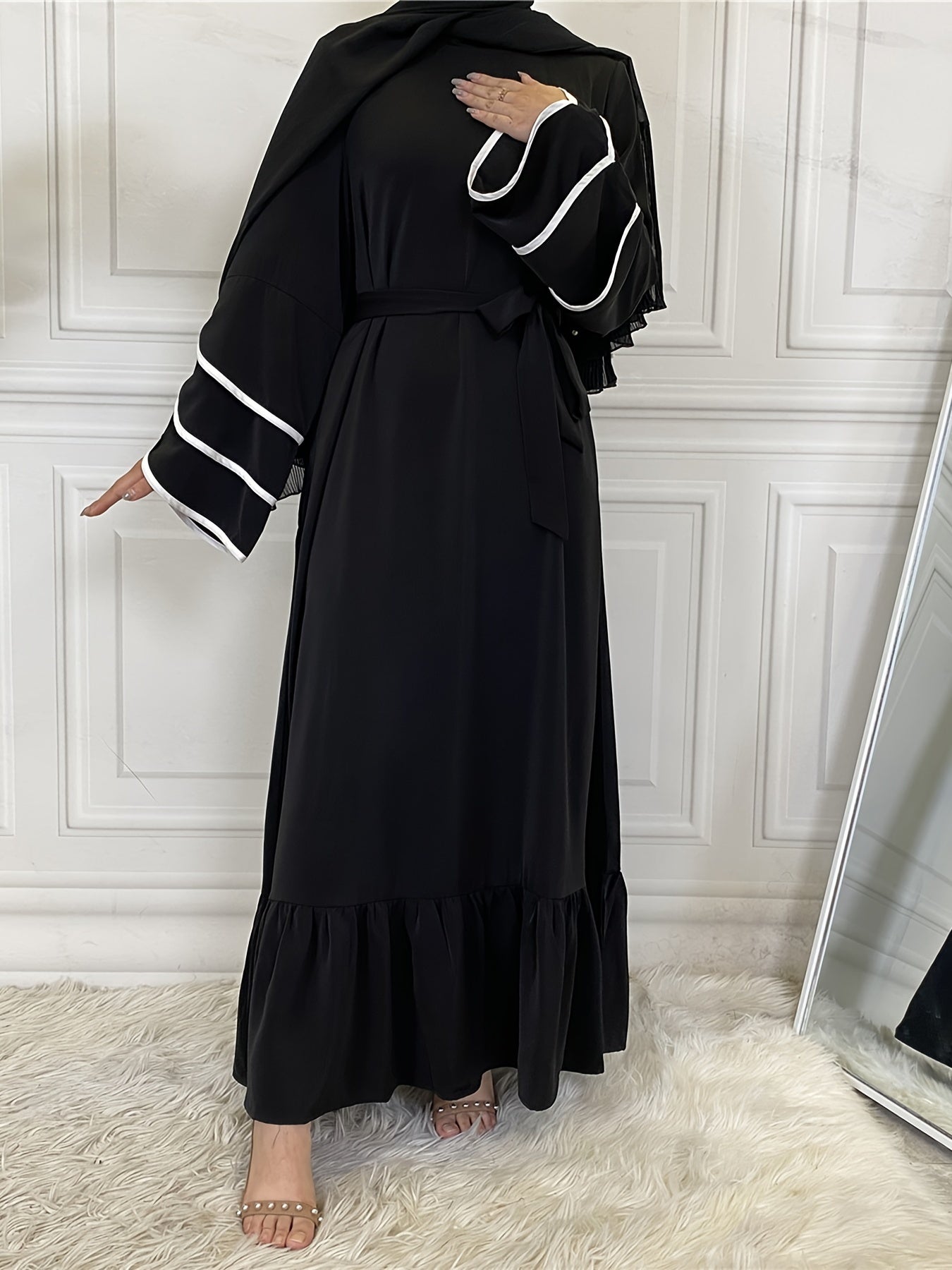 Solid Petal Sleeve Crew Neck Loose Modest Dress, Elegant Tie Waist Ruffled Hem Dress, Women's Clothing