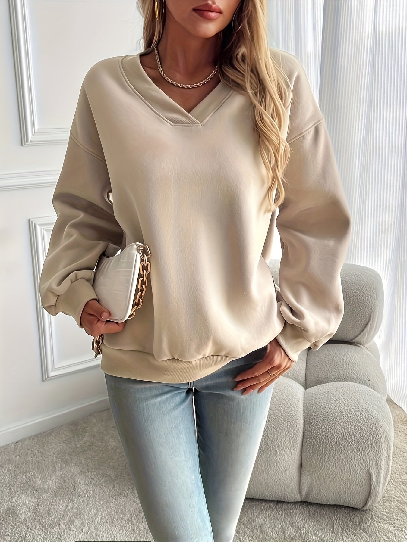 Solid Drop Shoulder Pullover Sweatshirt, Casual Sporty Long Sleeve Sweatshirt, Women's Clothing
