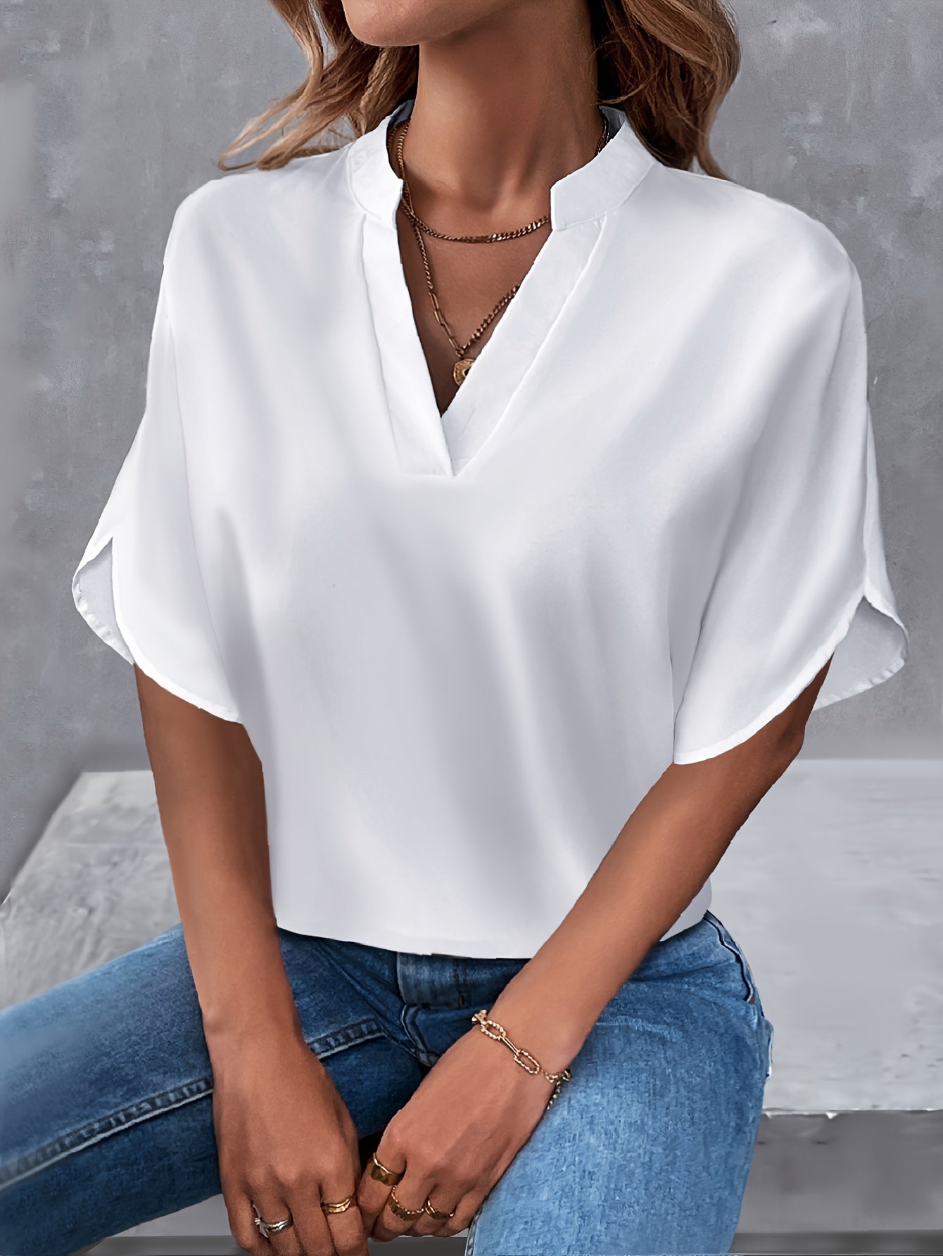 Solid Color Notch Neck Blouse, Casual Short Split Sleeve Blouse For Spring & Summer, Women's Clothing