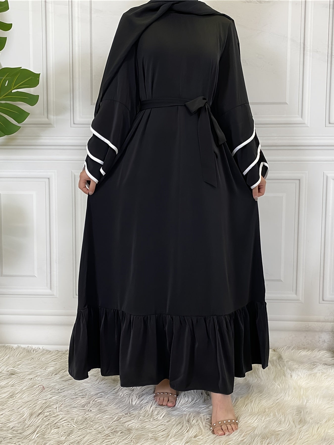 Solid Petal Sleeve Crew Neck Loose Modest Dress, Elegant Tie Waist Ruffled Hem Dress, Women's Clothing