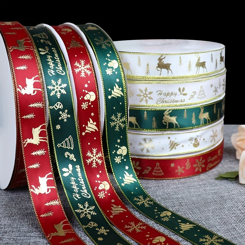 1pc 5 Yards 25mm Bronzing Christmas Ribbon Printed Polyester Ribbon For Christmas Decoration Gift Wrapping DIY Sewing Fabric