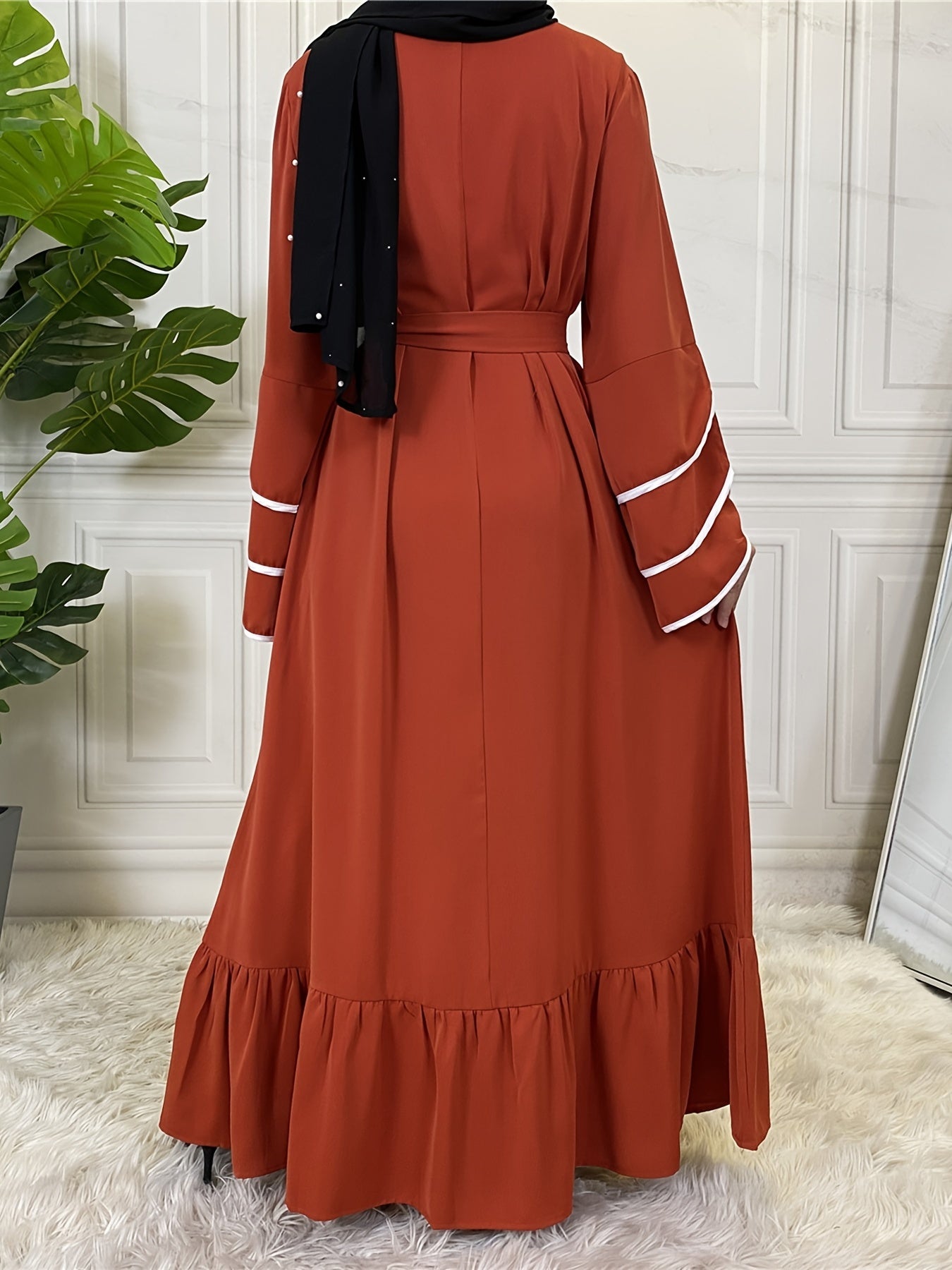 Solid Petal Sleeve Crew Neck Loose Modest Dress, Elegant Tie Waist Ruffled Hem Dress, Women's Clothing