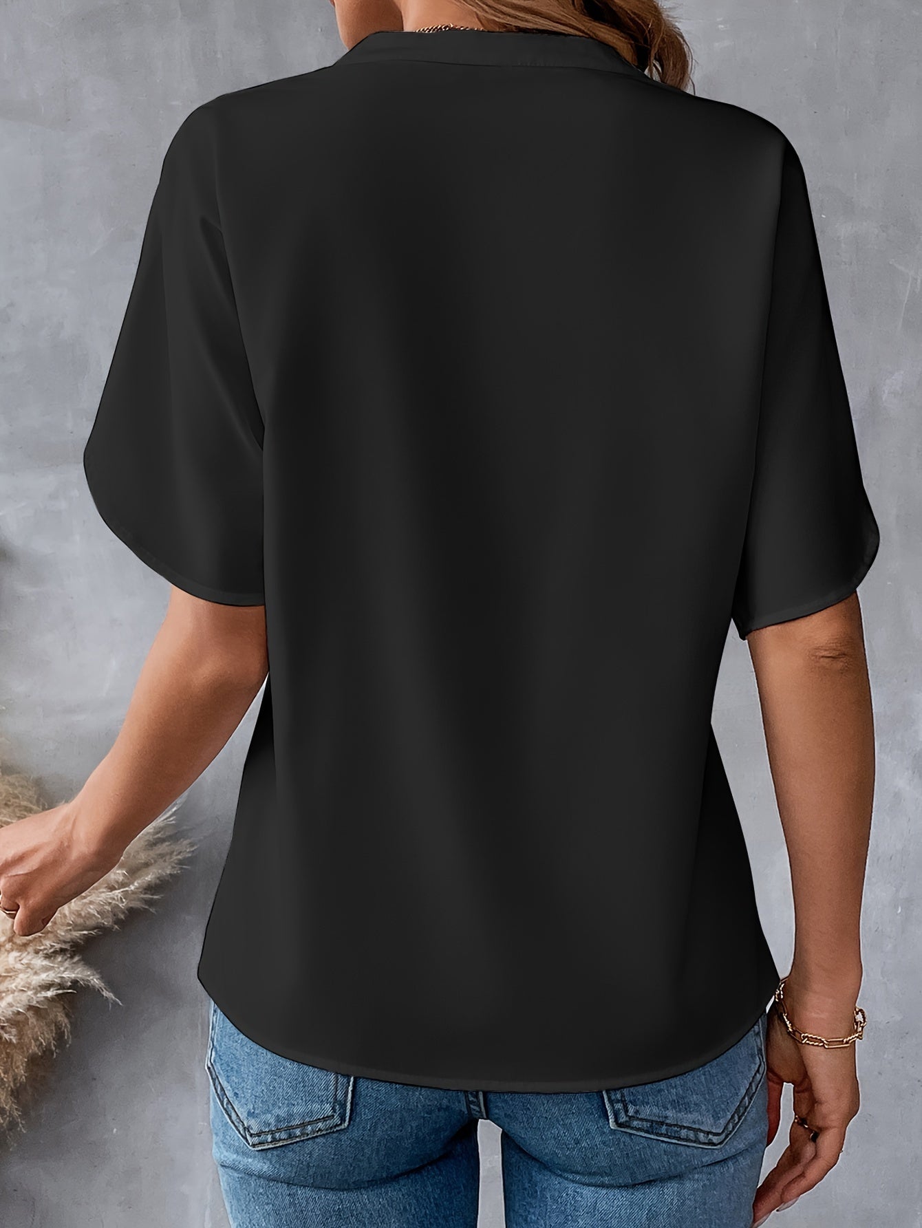 Solid Color Notch Neck Blouse, Casual Short Split Sleeve Blouse For Spring & Summer, Women's Clothing