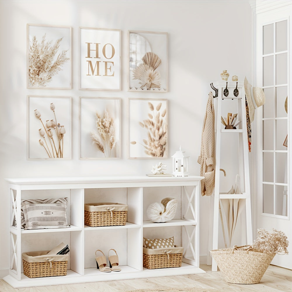 6pcs Unframed Beige Canvas Painting Set, Pampas Grass Painting Poster, Dried Grass Wall Art Painting, Reed Wall Paintings, Leaf Wall Art, Fan Blades Print Pictures, Herbarium Art Prints, Nordic Wall Posters, Home Decoration
