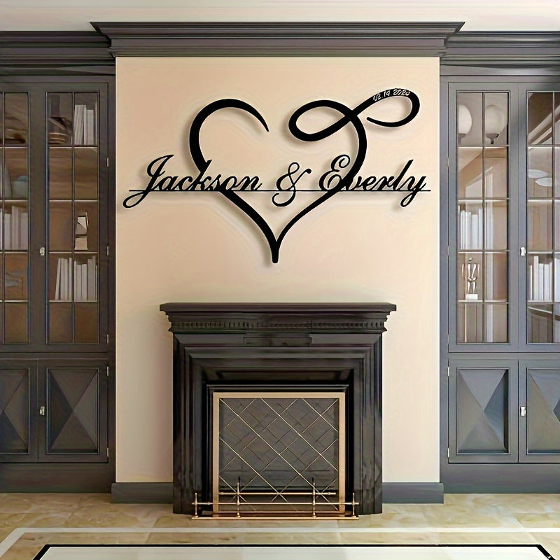 1pc Customizable Art Deco Metal Sign, Personalized Heart Silhouette Wall Art with Signature & Surname, Matte Finish Love Themed Decor for Home, Kitchen, Restaurant, Outdoor Garden, Reusable Pre-pasted Metal Hollow Cutout Craf