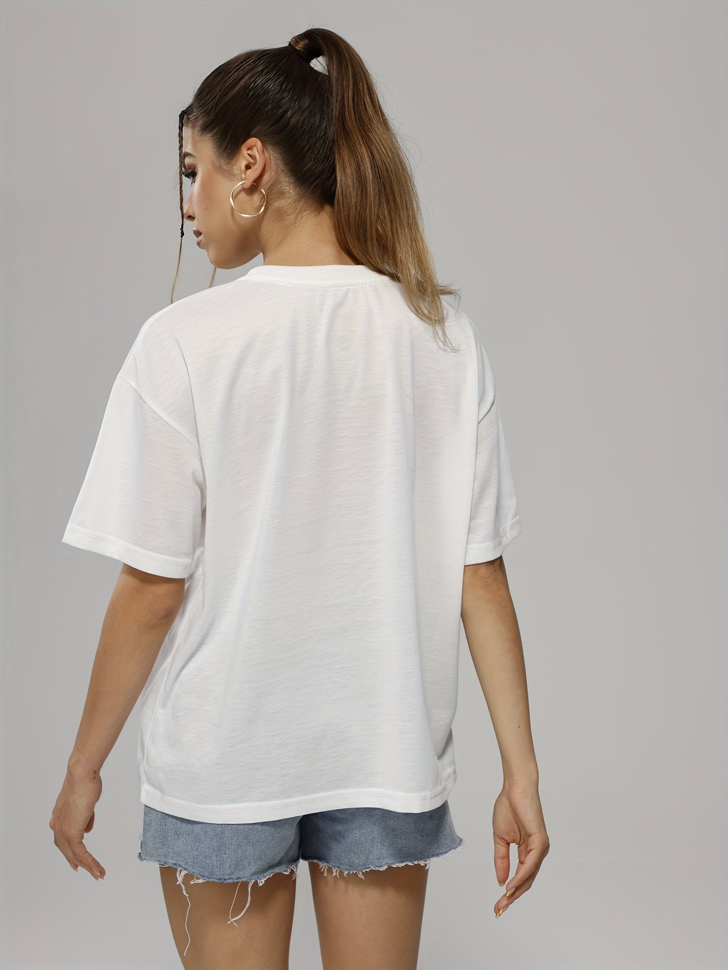 Solid Color Letter Print Casual Sports T Shirt, Soft Crew Neck Short Sleeve Tee, Women's Clothing