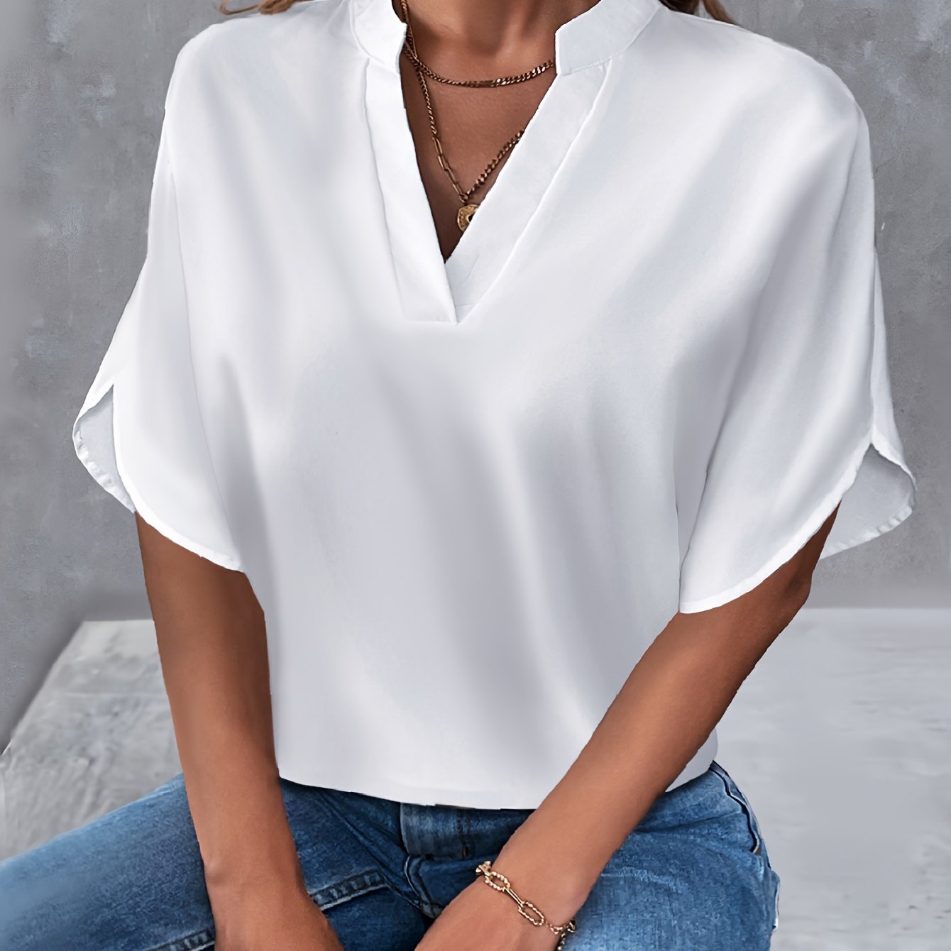 Solid Color Notch Neck Blouse, Casual Short Split Sleeve Blouse For Spring & Summer, Women's Clothing