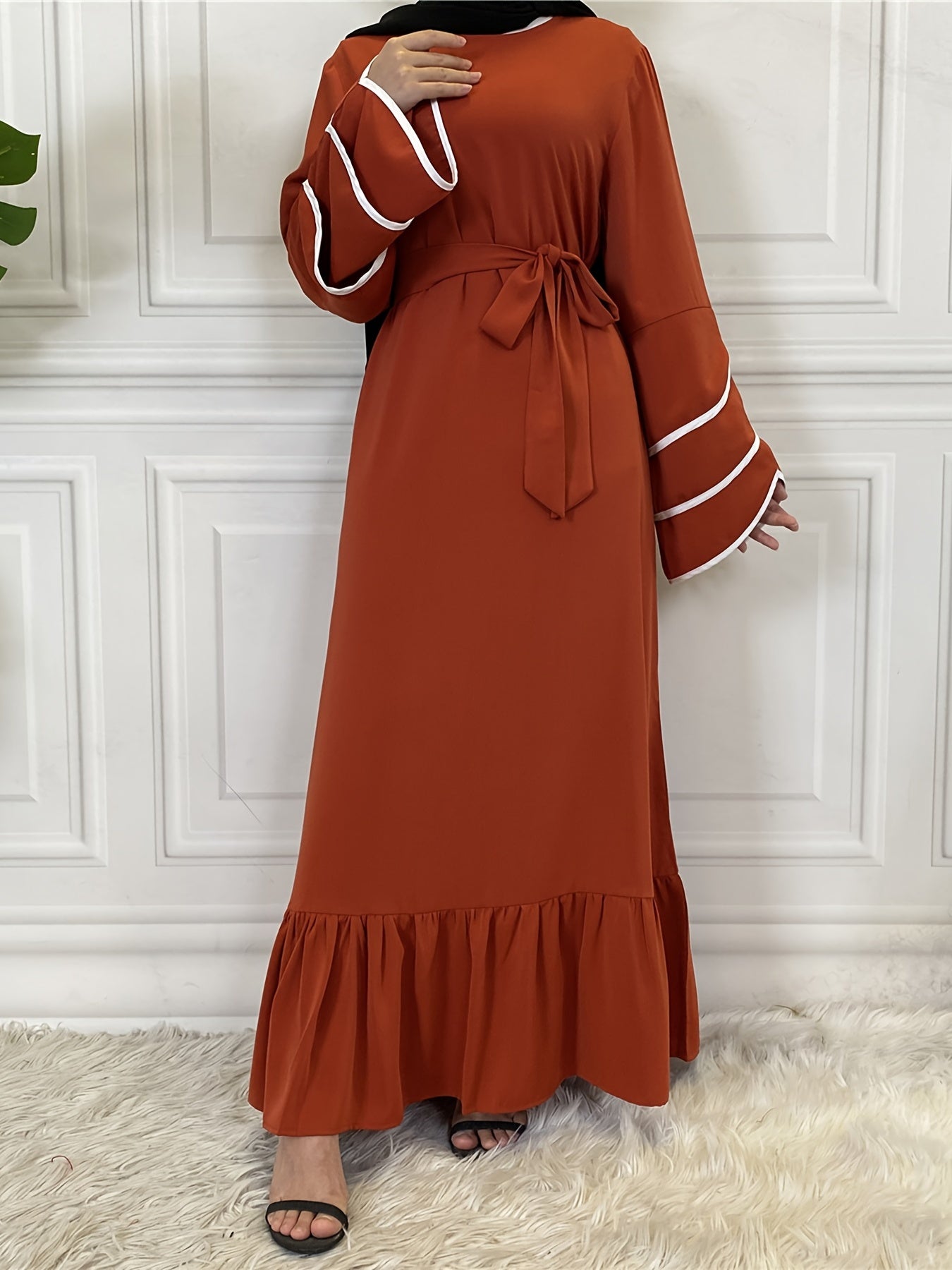 Solid Petal Sleeve Crew Neck Loose Modest Dress, Elegant Tie Waist Ruffled Hem Dress, Women's Clothing