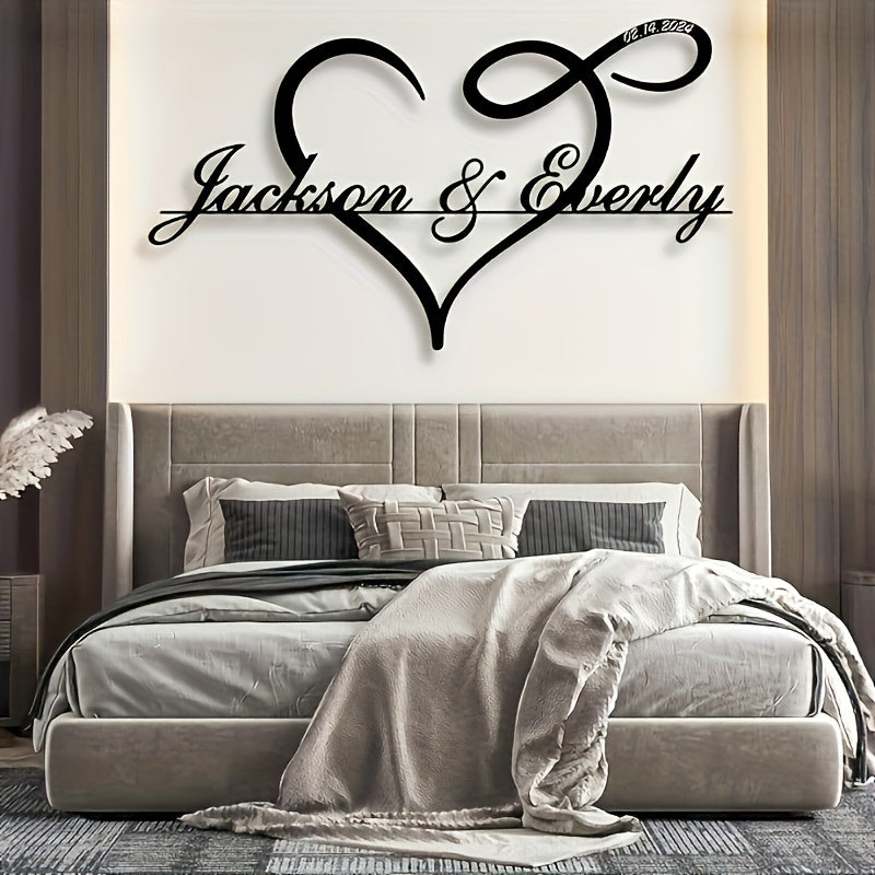 1pc Customizable Art Deco Metal Sign, Personalized Heart Silhouette Wall Art with Signature & Surname, Matte Finish Love Themed Decor for Home, Kitchen, Restaurant, Outdoor Garden, Reusable Pre-pasted Metal Hollow Cutout Craf