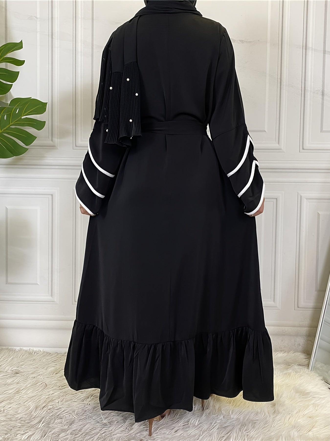 Solid Petal Sleeve Crew Neck Loose Modest Dress, Elegant Tie Waist Ruffled Hem Dress, Women's Clothing
