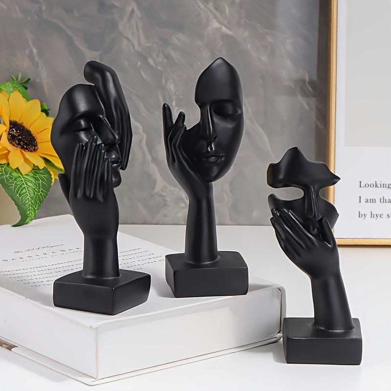 3pcs Thinker Statue, Mask Sculpture, Silence Is Golden Abstract Art Figurine, Modern Home Resin Sculpture Ornament, Creative Room Home Decor, Office Modern Decoration, Living Room Wine Cabinet Decoration, Party Supplies, Warm