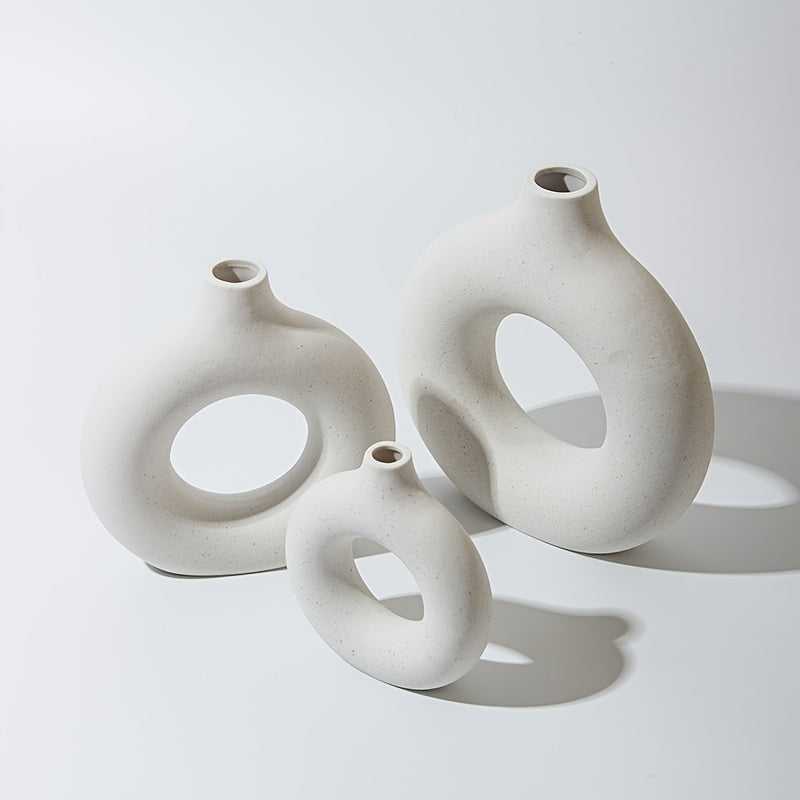 1pc Contemporary Ceramic Vase, Round Circle Design, Creative Ceramic Craft, Living Room Decor, Cross-Border Bestseller, 5.12*5.51inch Decorative Flower Vase